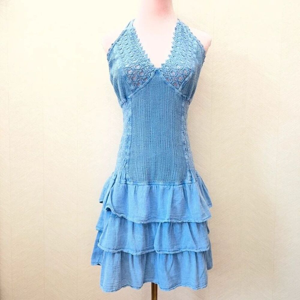 Blanco By Nature V-Neck Blue Cotton Halter Neck Fit & Flare Dress Womens Size L